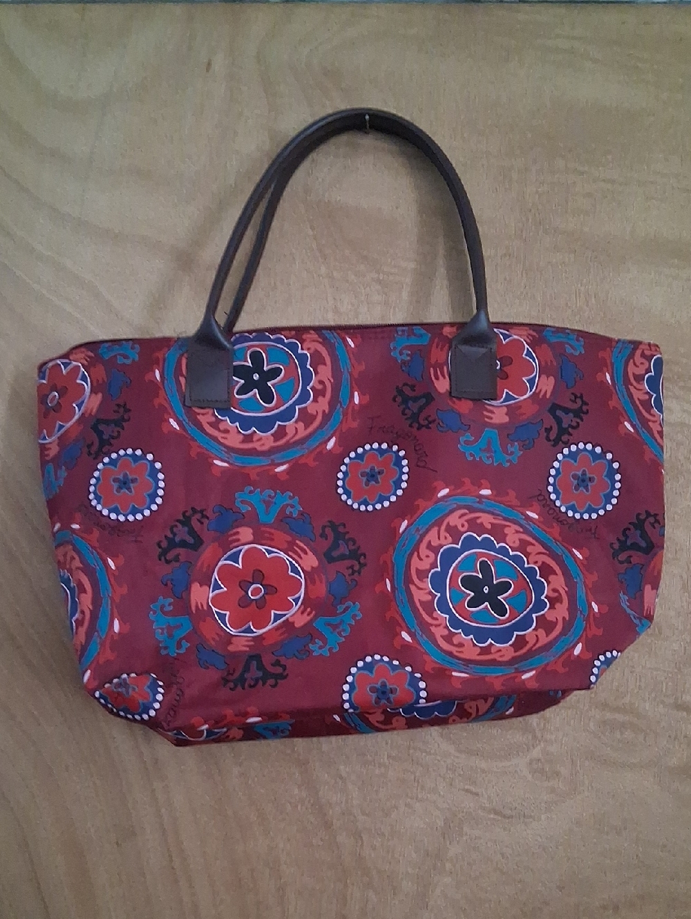Red Floral Medallion Tote with Dark Handles